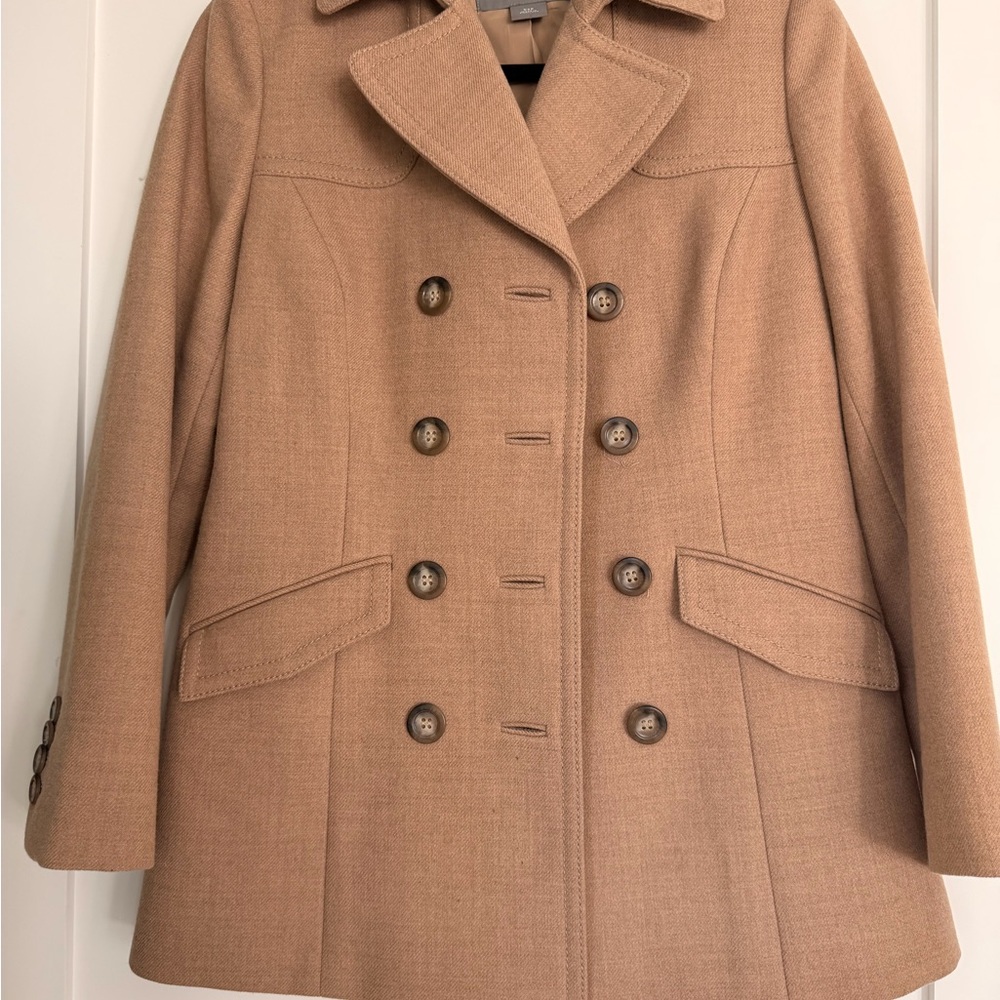 Ann Taylor Petites Camel Wool Blend Peacoat XS Double Breasted Coat Classic